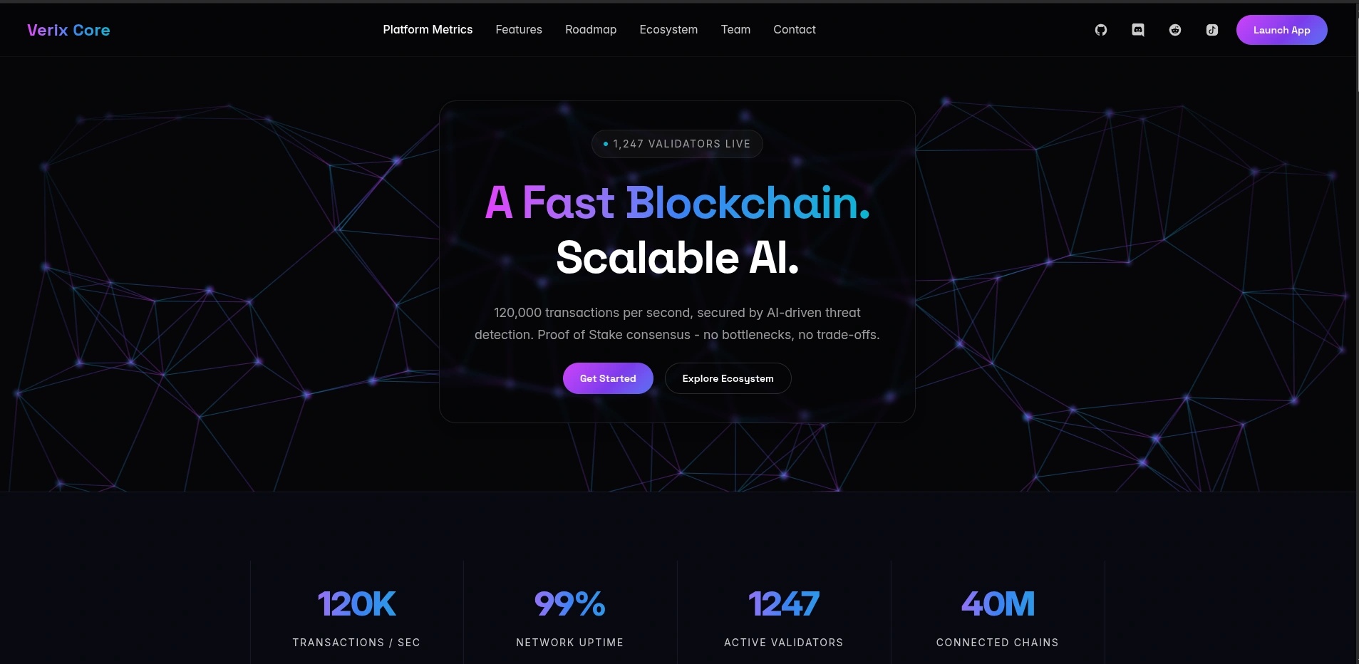 Verix Core blockchain landing page interface